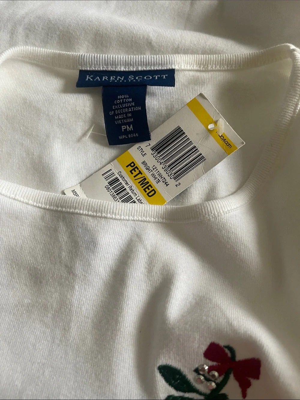 Karen Scott White Long-Sleeve Tee with Navy Scottie and Red Accent